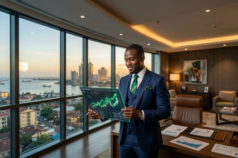 Nigerian financial analyst reviewing blue-chip stock market charts overlooking the Lagos skyline, representing top NGX stocks to buy in 2026
