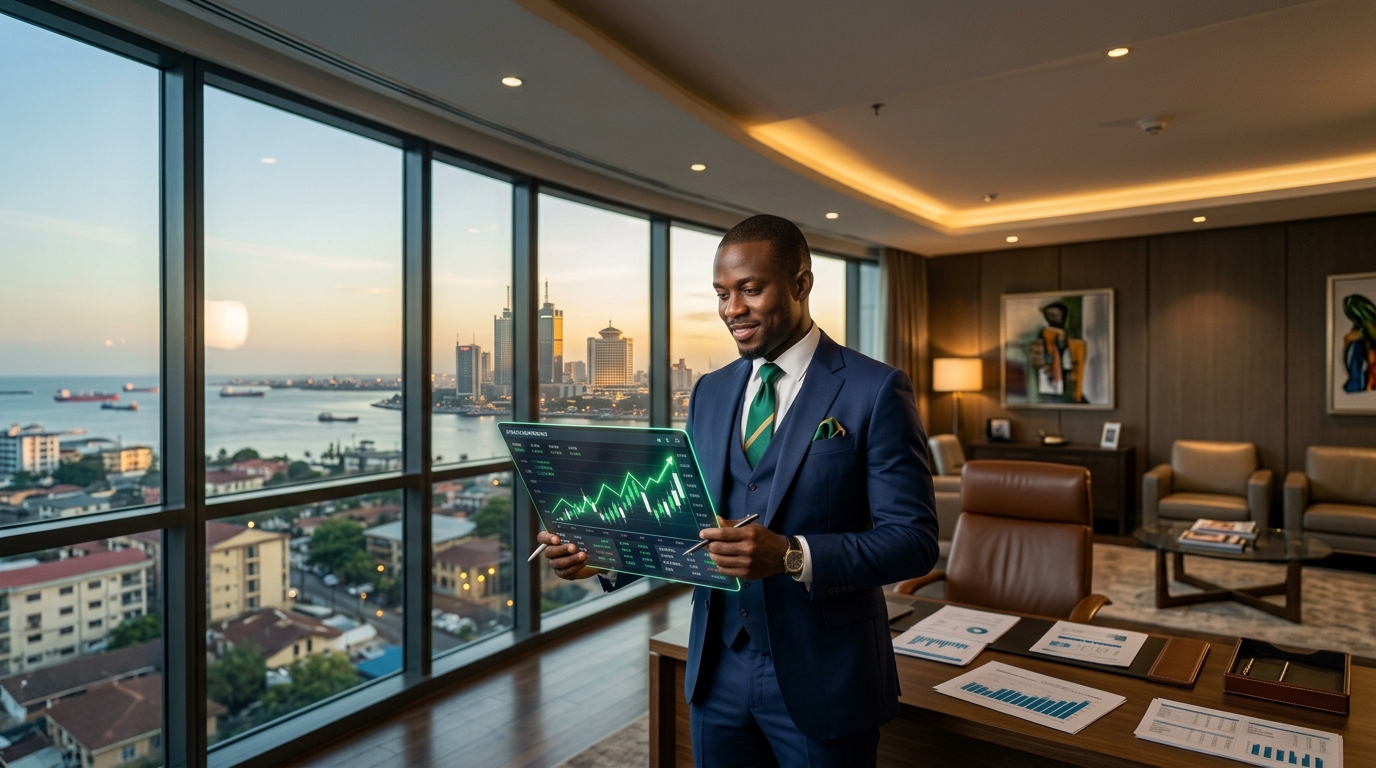 Nigerian financial analyst reviewing blue-chip stock market charts overlooking the Lagos skyline, representing top NGX stocks to buy in 2026