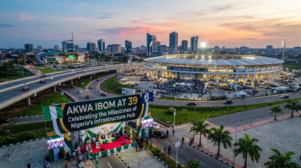 Aerial view of Akwa Ibom state celebrating its 39th anniversary with an outdoor event featuring infrastructure displays and a large commemorative banner