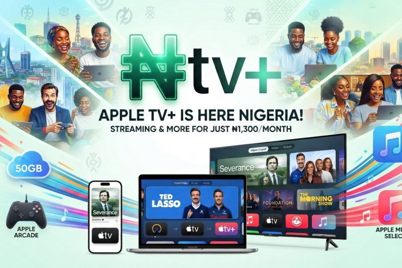 Apple TV Plus logo and streaming interface displaying subscription details for Nigerian users.