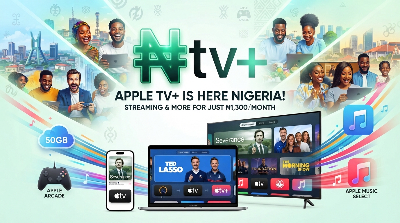Apple TV Plus logo and streaming interface displaying subscription details for Nigerian users.