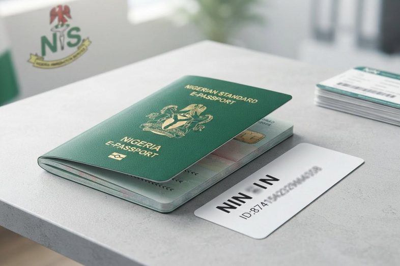The official green Nigerian international e-passport booklet lying open on top of a national identification number NIN slip.