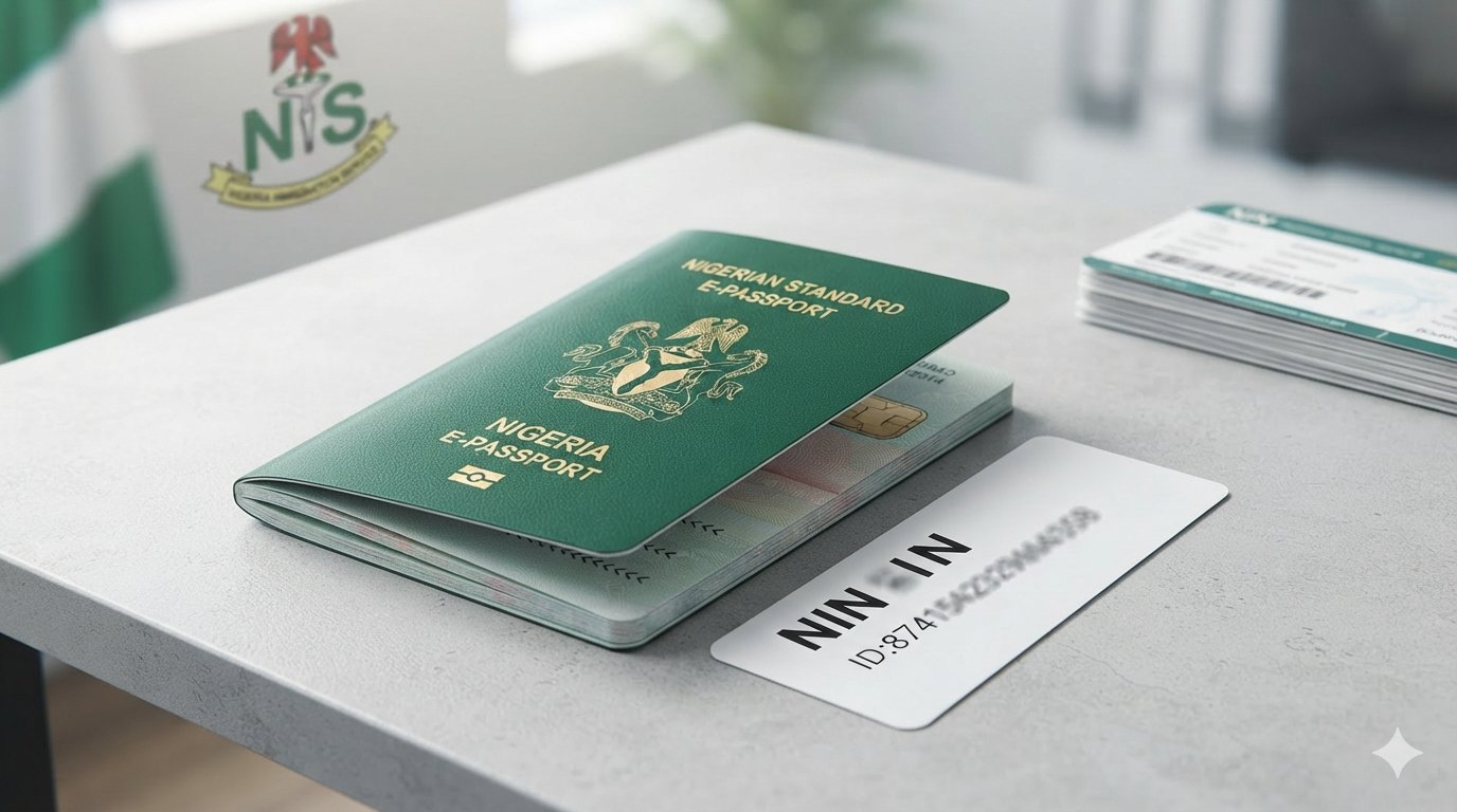 The official green Nigerian international e-passport booklet lying open on top of a national identification number NIN slip.
