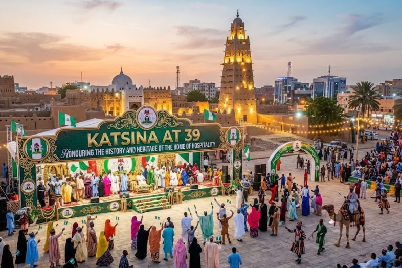 An elevated view of a grand outdoor anniversary celebration in Katsina, Nigeria, at dusk, featuring a large decorated stage, a crowd in colorful traditional attire, and the historic Gobarau Minaret illuminated in the background