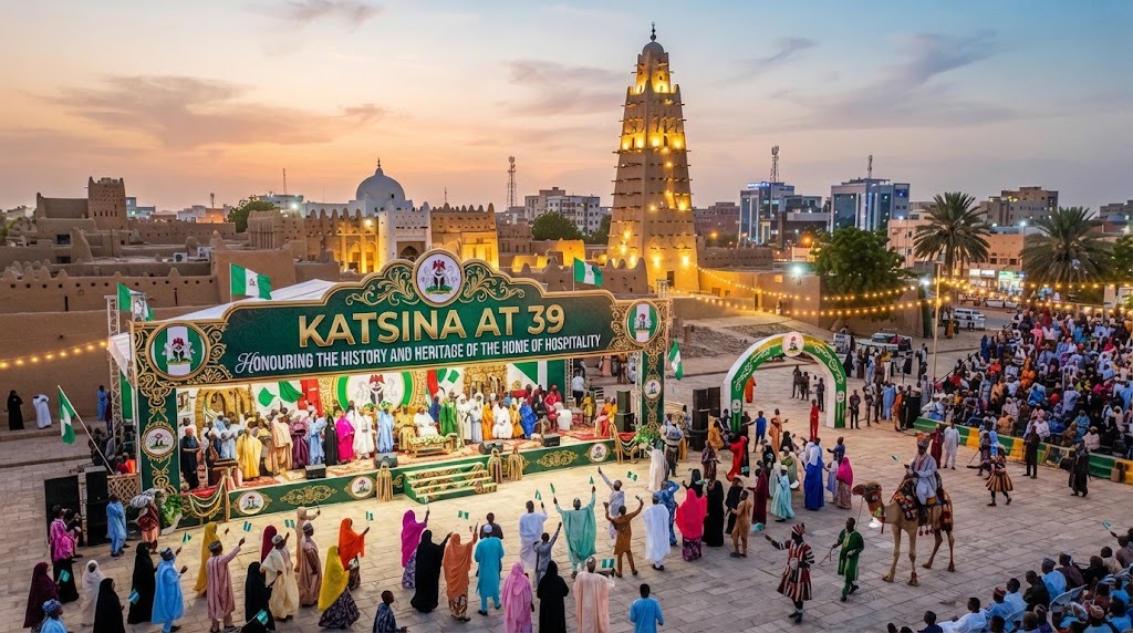 An elevated view of a grand outdoor anniversary celebration in Katsina, Nigeria, at dusk, featuring a large decorated stage, a crowd in colorful traditional attire, and the historic Gobarau Minaret illuminated in the background