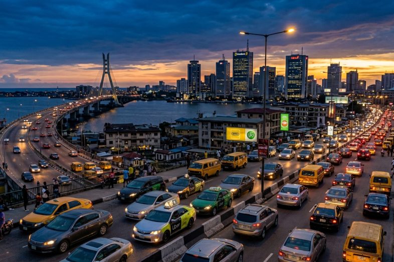 Lagos skyline at dusk with Third Mainland Bridge and traffic, symbolizing Uber's exit from Nigeria after 12 years