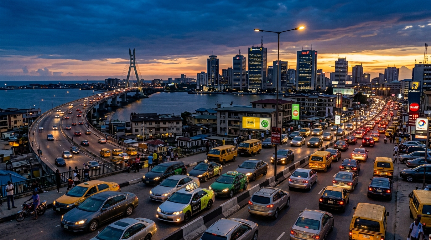 Lagos skyline at dusk with Third Mainland Bridge and traffic, symbolizing Uber's exit from Nigeria after 12 years