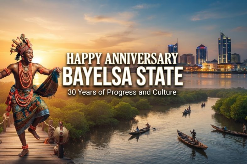 Bayelsa State 30th anniversary banner featuring Niger Delta waterways, Yenagoa skyline, and Ijaw cultural dancers
