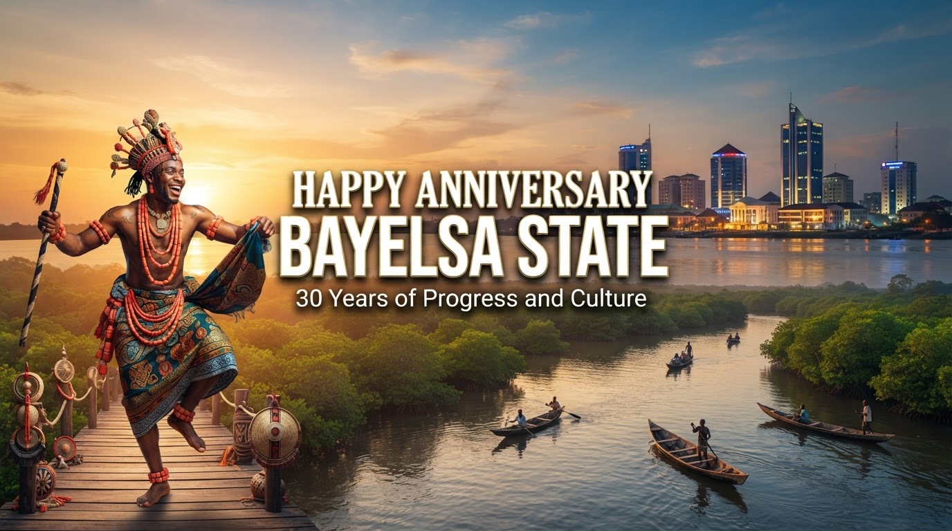 Bayelsa State 30th anniversary banner featuring Niger Delta waterways, Yenagoa skyline, and Ijaw cultural dancers