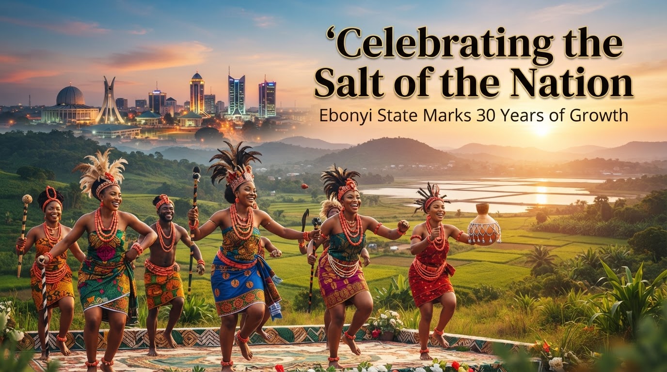 Ebonyi State 30th anniversary banner showing green hills, rice fields, salt lakes, Abakaliki skyline, and Igbo dancers