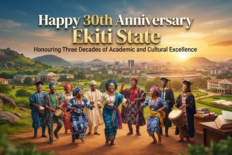 Ekiti State 30th anniversary banner with rocky hills, university campus, graduation caps, Ado-Ekiti skyline, and Yoruba dancers