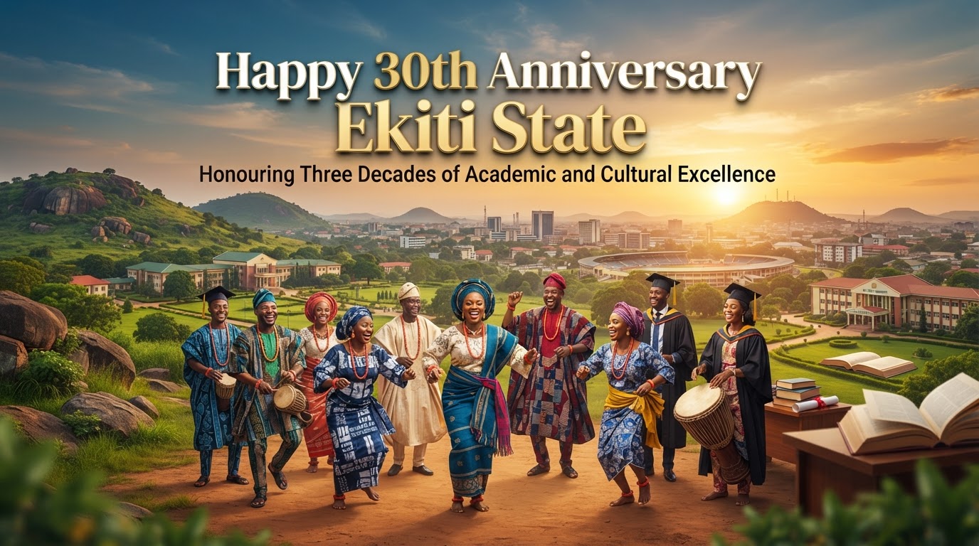 Ekiti State 30th anniversary banner with rocky hills, university campus, graduation caps, Ado-Ekiti skyline, and Yoruba dancers