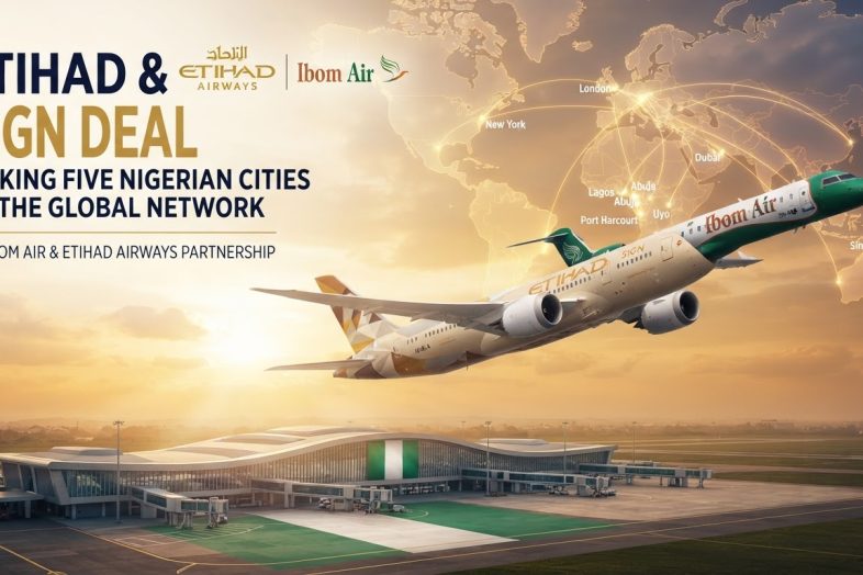 Etihad and Ibom Air aircraft parked on the tarmac, symbolizing the new partnership linking Nigerian cities to the global network.