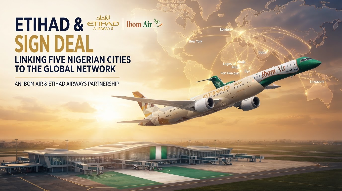 Etihad and Ibom Air aircraft parked on the tarmac, symbolizing the new partnership linking Nigerian cities to the global network.