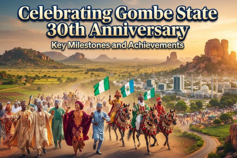 Gombe State 30th anniversary banner featuring Tangale rock formations, savanna plains, Gombe skyline, and Northern Nigerian dancers