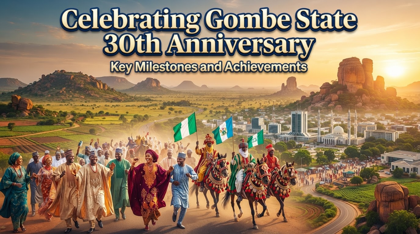 Gombe State 30th anniversary banner featuring Tangale rock formations, savanna plains, Gombe skyline, and Northern Nigerian dancers