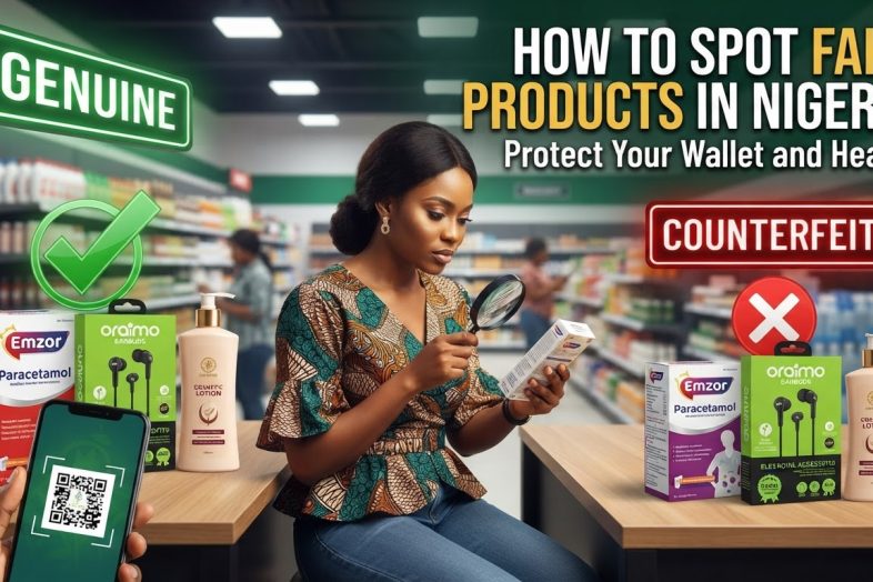 Nigerian shopper using a magnifying glass to compare authentic and fake products with NAFDAC verification seal and QR code scan
