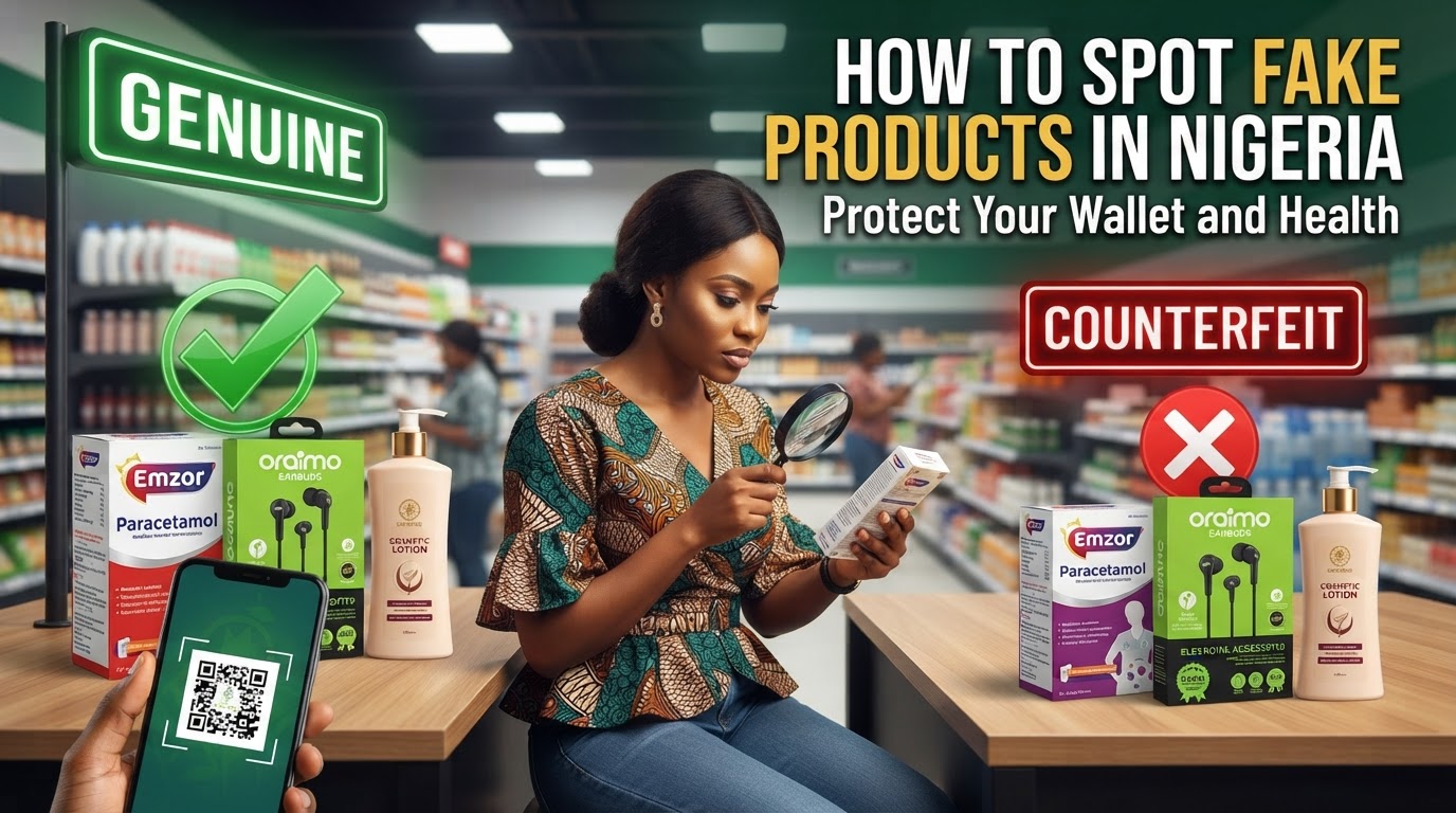 Nigerian shopper using a magnifying glass to compare authentic and fake products with NAFDAC verification seal and QR code scan