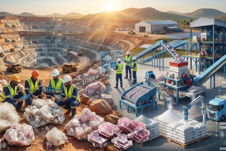 An open-pit lithium mining operation in Nigeria featuring geologists analyzing raw lepidolite and spodumene crystals next to an industrial concentrate processing refinery.