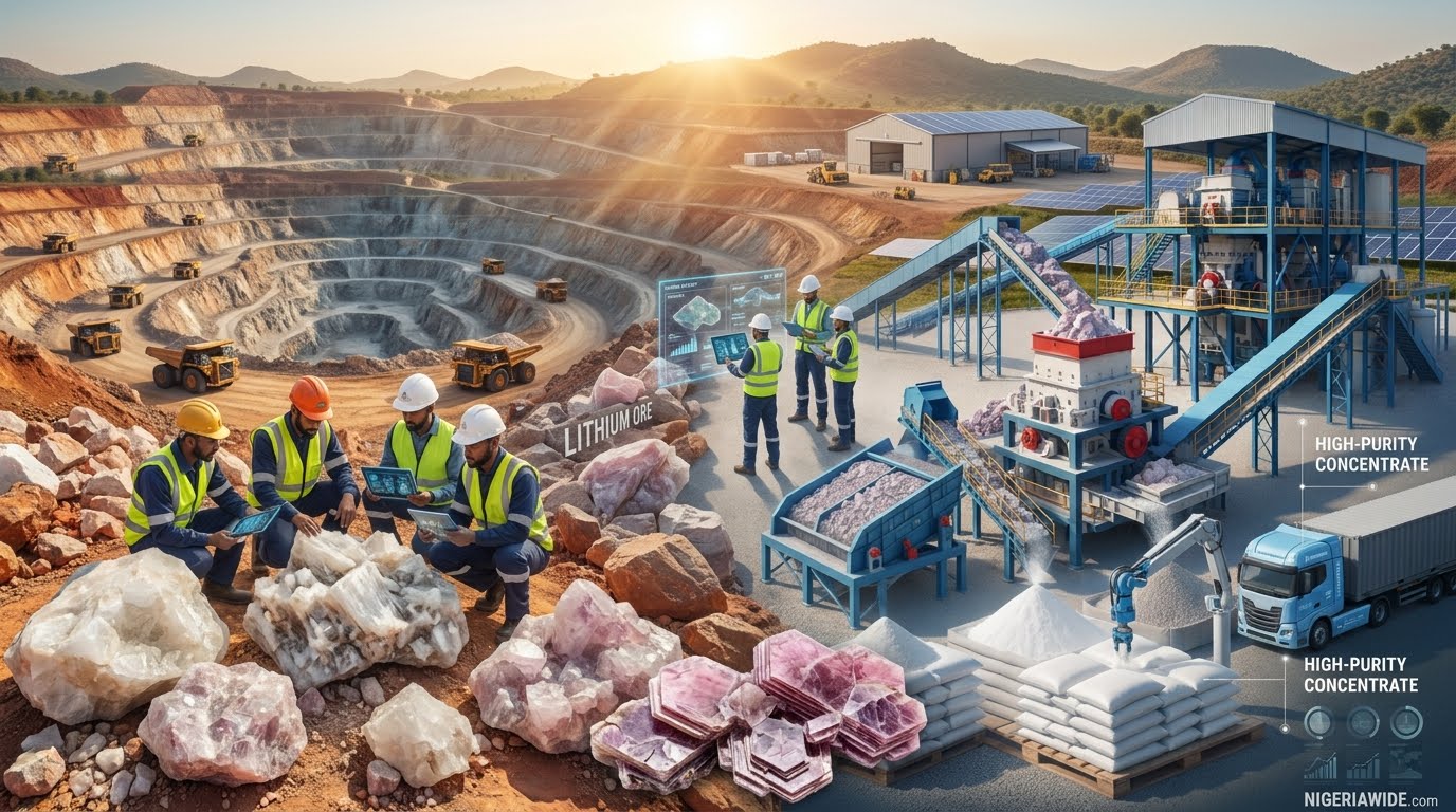 An open-pit lithium mining operation in Nigeria featuring geologists analyzing raw lepidolite and spodumene crystals next to an industrial concentrate processing refinery.