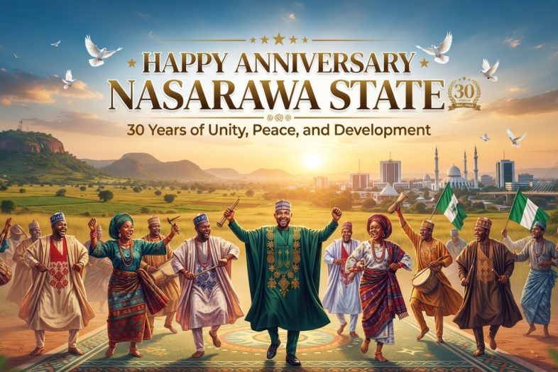 Nasarawa State 30th anniversary banner featuring savanna landscape, Lafia skyline, diverse dancers, and doves symbolizing peace