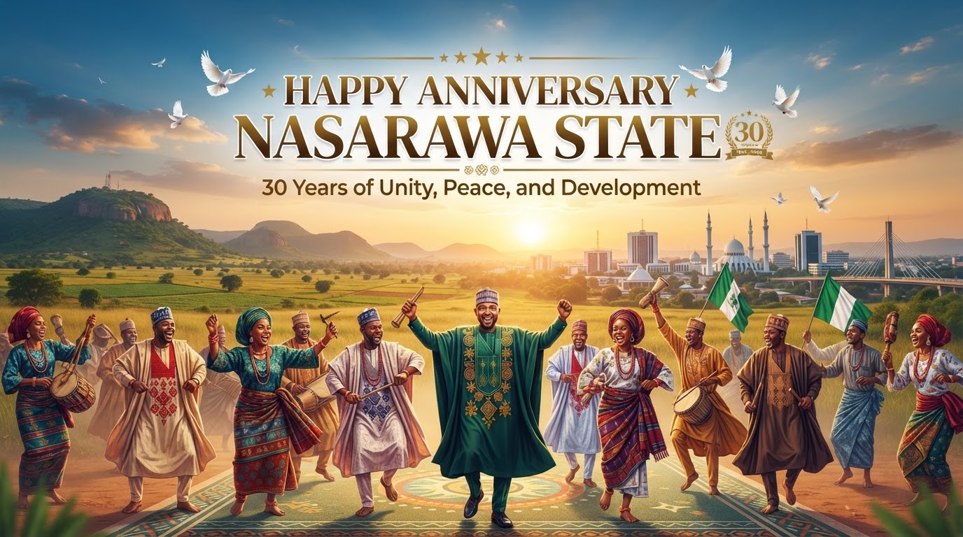 Nasarawa State 30th anniversary banner featuring savanna landscape, Lafia skyline, diverse dancers, and doves symbolizing peace