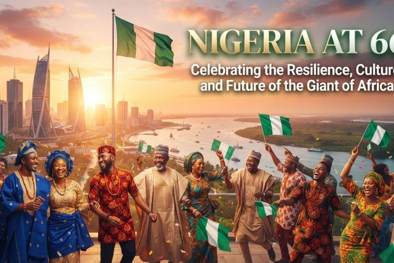 Digital illustration of diverse Nigerian professionals, tech innovators, and cultural symbols celebrating Nigeria's 66th independence anniversary.