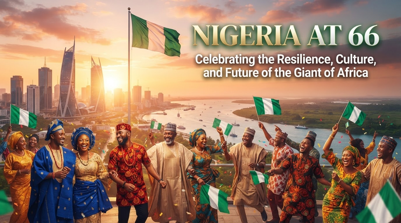 Digital illustration of diverse Nigerian professionals, tech innovators, and cultural symbols celebrating Nigeria's 66th independence anniversary.