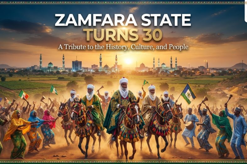 Zamfara State 30th anniversary banner with savanna plains, Gusau skyline, Hausa-Fulani attire, and durbar horses
