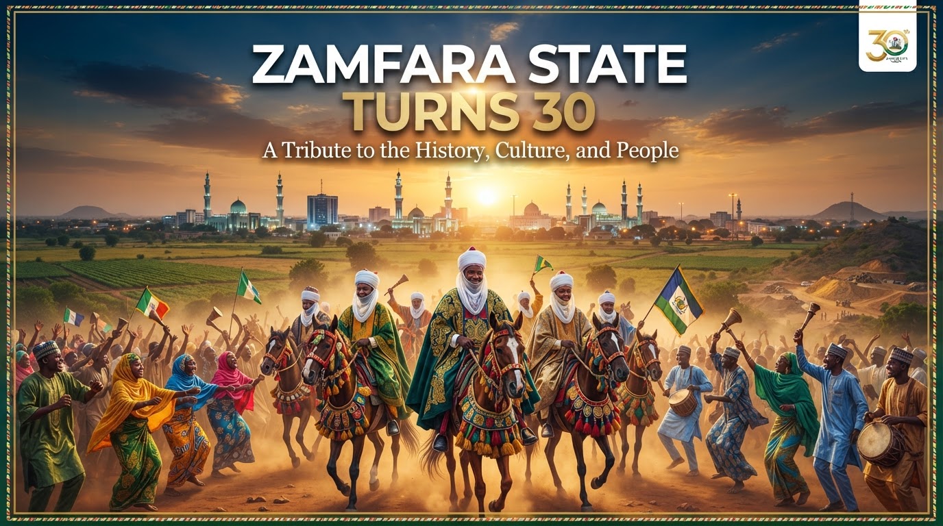 Zamfara State 30th anniversary banner with savanna plains, Gusau skyline, Hausa-Fulani attire, and durbar horses